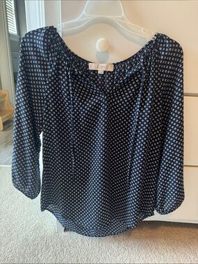 LOFT Navy and White Printed Peasant Top